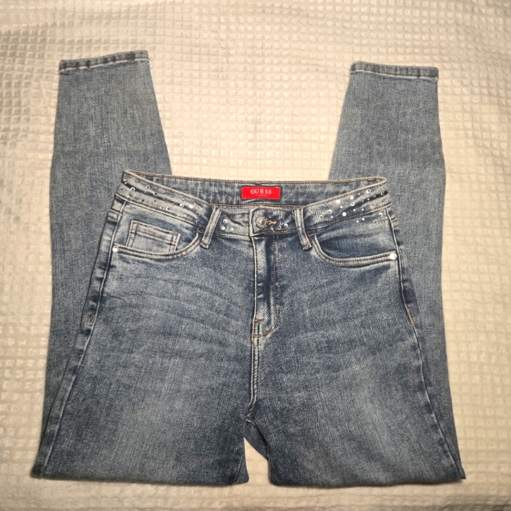 GUESS Rhinestone Embellished Light Wash Mid Rise Skinny Jeans Size 29 Inseam 27"